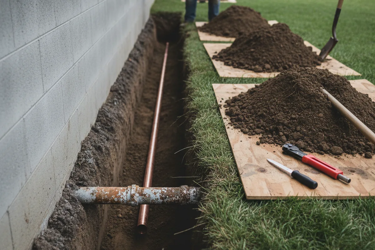 Excavated water line trench during Water Softener Installation in Bonnyman